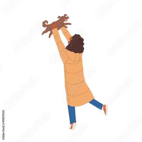 Dog owner playing with her pet and tossing it up. African American woman happy about finding or buying a puppy. Colored flat vector illustration isolated on white background