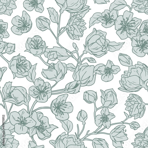 Seamless pattern of blooming buds of jasmine flower on white background. Elegant floral repeatable backdrop for printing. Flowery texture for decoration. Hand-drawn vector illustration