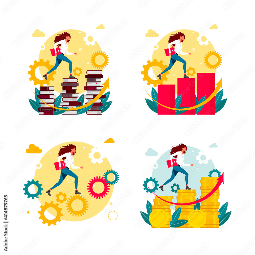 Obraz premium woman climbs the career ladder. up the gear mechanism. girl climbs a stack of coins and money, the concept of education, career, the concept of getting a big salary. reading success