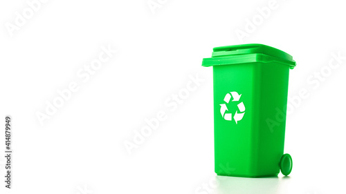 Trash recycle. Bin container for disposal garbage waste and save environment. Green dustbin for recycle glass can trash isolated on white background.