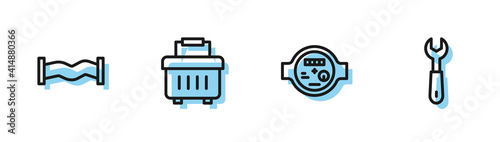 Set line Water meter, Industry metallic pipe, Toolbox and Wrench spanner icon. Vector.