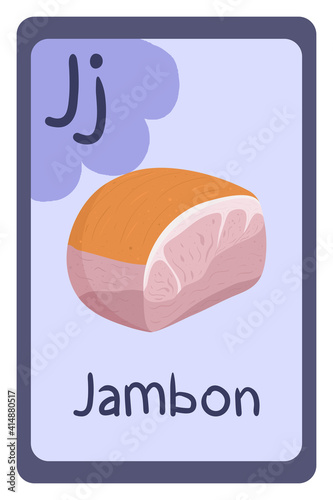 Abc food education flash card, Letter J - jambon. Cartoon design template with colorful alphabet education card. Collection on violet backdrop.