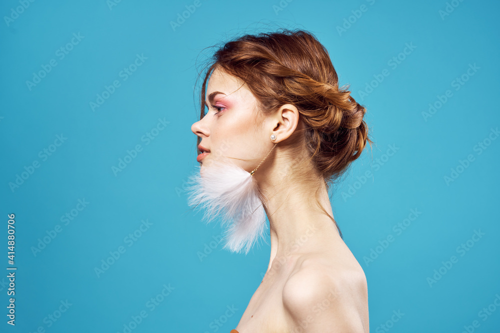 attractive woman bare shoulders fluffy series glamor bright makeup attractive woman bare shoulders fluffy series glamor bright makeup