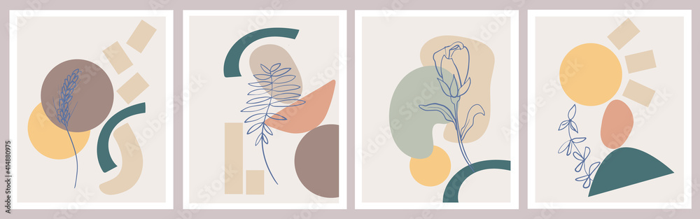 Fototapeta premium A set of creative posters. Modern abstract background in pastel colors. Minimal geometric shapes, botanical plant and flower elements, line art. Designs for social media marketing, stylish prints