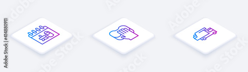 Set Isometric line Cleaning calendar, service and Garbage truck. White square button. Vector.