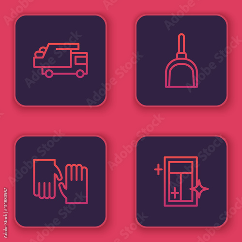 Set line Garbage truck, Rubber gloves, Dustpan and Cleaning service for window. Blue square button. Vector.