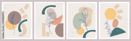 A set of creative posters. Modern abstract background in pastel colors. Minimal geometric shapes, botanical plant and flower elements, line art. Designs for social media marketing, stylish prints