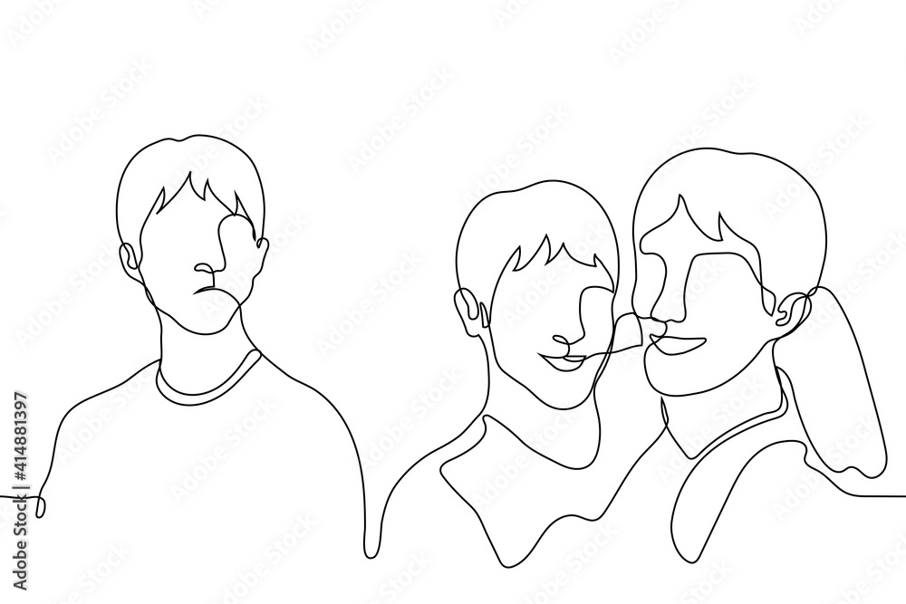 lonely man with envy looks at hugging friends or lovers - one line drawing. the concept of jealousy of someone else's friendship or love relationship lonely man with envy looks at hugging friends or lovers - one line drawing. the concept of jealousy of someone else's friendship or love relationship