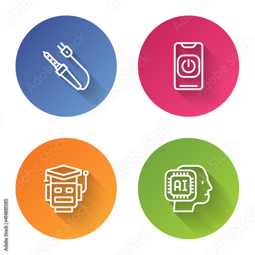 Set line Soldering iron, Turn off robot from phone, Robot and Humanoid. Color circle button. Vector.