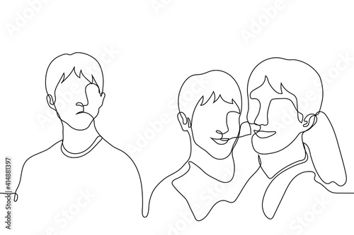 lonely man with envy looks at hugging friends or lovers - one line drawing. the concept of jealousy of someone else's friendship or love relationship