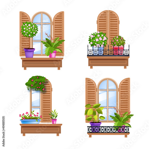 Old town vector window wooden vintage frames collection with shutters, sill, glass, house plants. Architecture street facade elements set with flowerpots, blossom isolated on white. Town window art