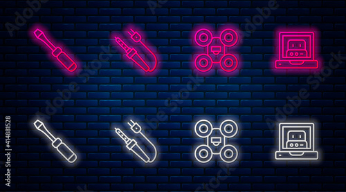 Set line Soldering iron, Drone, Screwdriver and Creating robot. Glowing neon icon on brick wall. Vector.