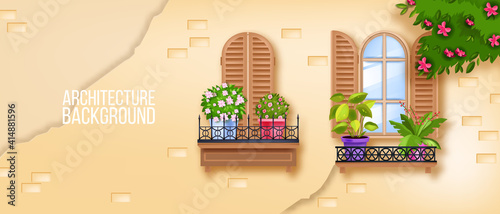 European old town windows illustration, brick wall, house plants, wooden shutters, blossom tree, ivy. Vintage architecture exterior facade background. European windows street view with spring flowers