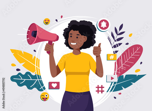 African woman female video blogger making announcements with a megaphone. Vector illustration in flat style
