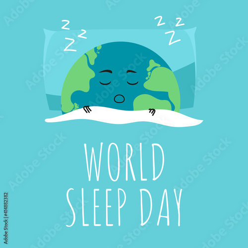 World Sleep Day postcard or banner. Vector illustration of a cute planet Earth sleeping under a blanket on an international holiday