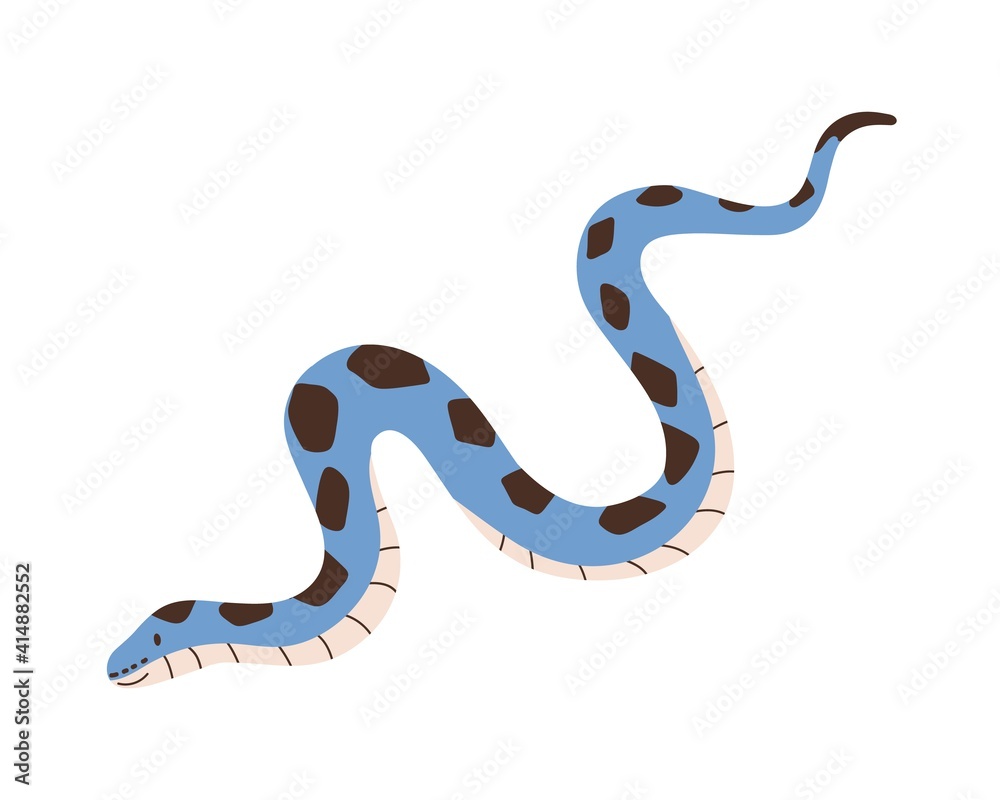 Naklejka premium Cute crawling snake isolated on white background. Funny kids reptile character. Smiling blue-colored python with black spots. Childish colorful flat vector illustration