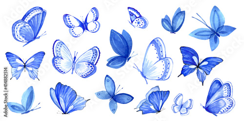 Watercolor colorful butterflies isolated on white background. Bl