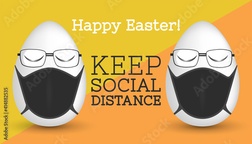 Happy easter. Sticker, eggs with protective black medical masks and stylish slim-frame glasses. Keep social distance