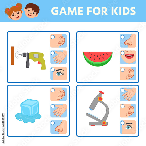 Game for children to develop logic. Five senses illustrations. Sight, hear, smell, taste, touch. Match of sense organs and objects.Activity for pre sсhool years kids and toddlers.