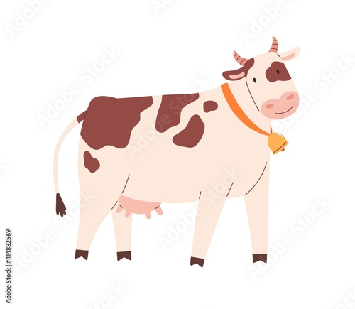 Funny spotty cow with bell on neck. Farm milk animal with udder. Childish flat vector illustration isolated on white background