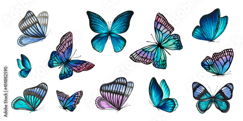 Illustration of watercolor butterflies isolated on white backgro