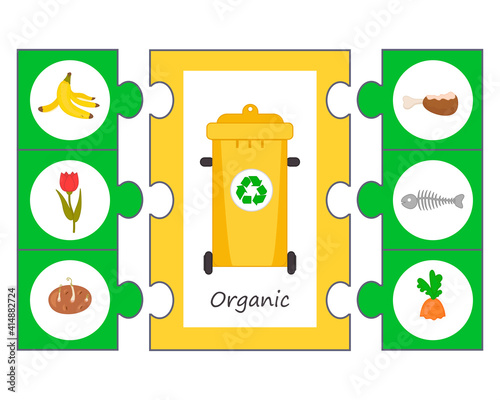 Game for children. Pazl. Waste sorting concept illustration. Sort garbage by type. Organic. Educational activity for kids and toddlers. Vector illustration photo