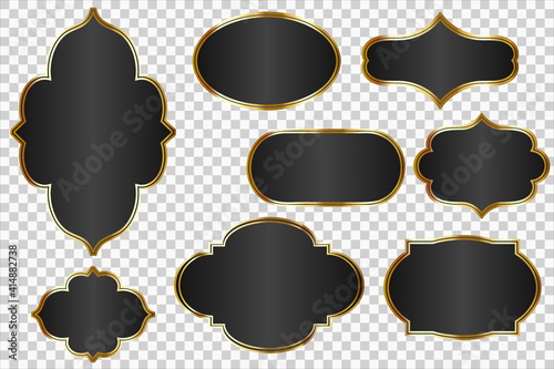 Elegant black labels set, glossy labels with golden frame isolated on transparent background. Vector logo collection EPS10