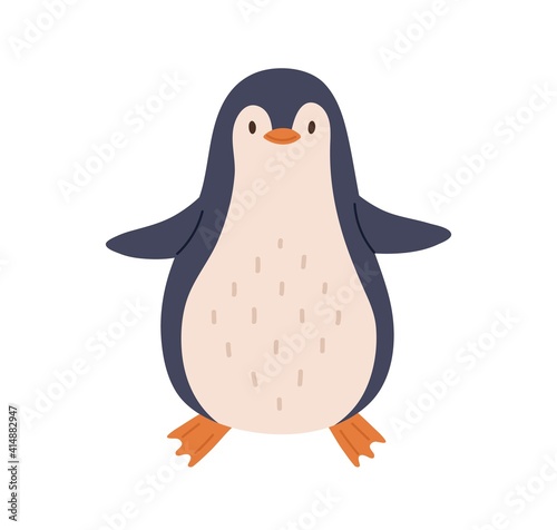 Cute and funny baby penguin with happy friendly face. Childish animal character. Colored flat vector illustration isolated on white background