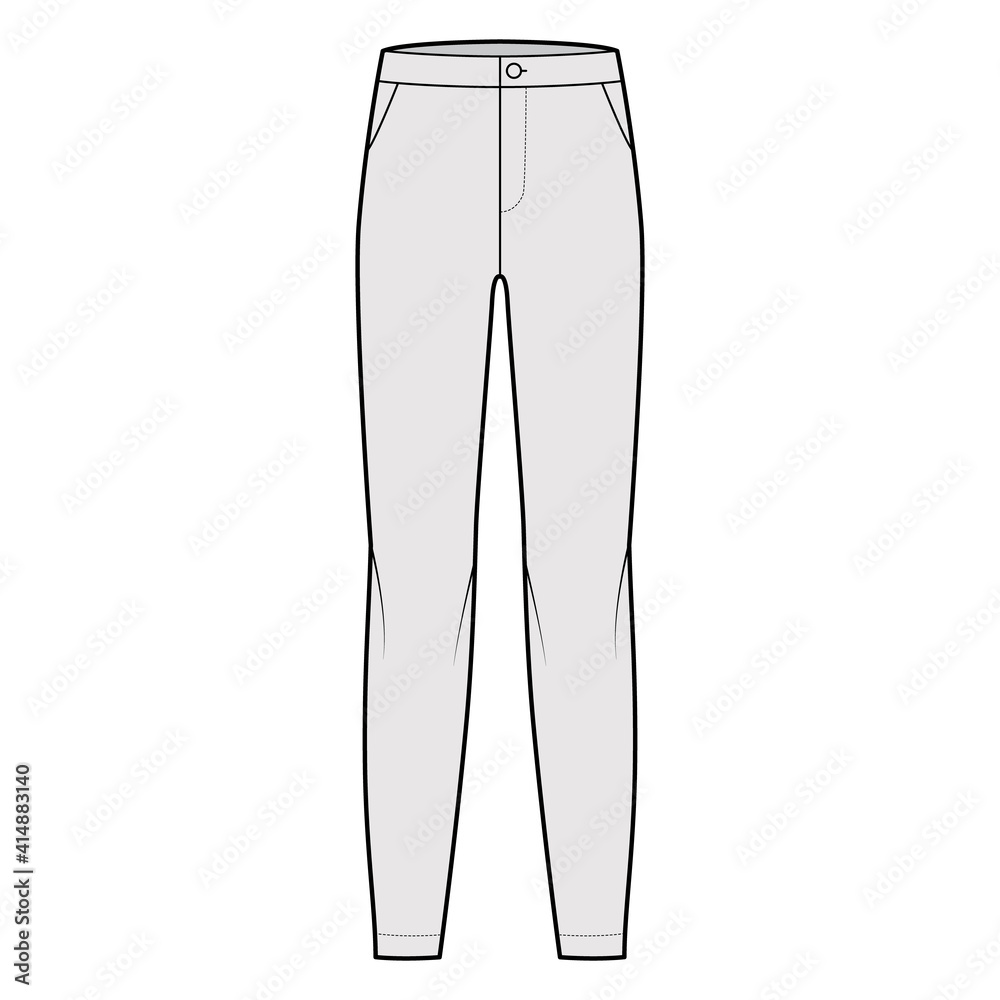 Pants flat front technical fashion illustration with low waist, rise, full length, slant slashed pockets. Flat casual bottom trousers apparel template grey color. Women men unisex CAD mockup Pants flat front technical fashion illustration with low waist, rise, full length, slant slashed pockets. Flat casual bottom trousers apparel template grey color. Women men unisex CAD mockup