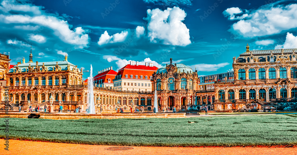 Obraz premium Panoramic on Zwinger Palace - royal palace since 17th century in Dresden. Today, Zwinger complex are most visited place in Dresden. Germany.