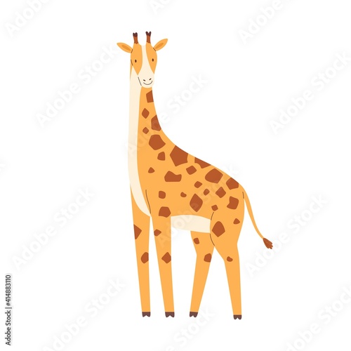 Cute little giraffe isolated on white background. Funny African animal. Childish character. Colored flat cartoon vector illustration