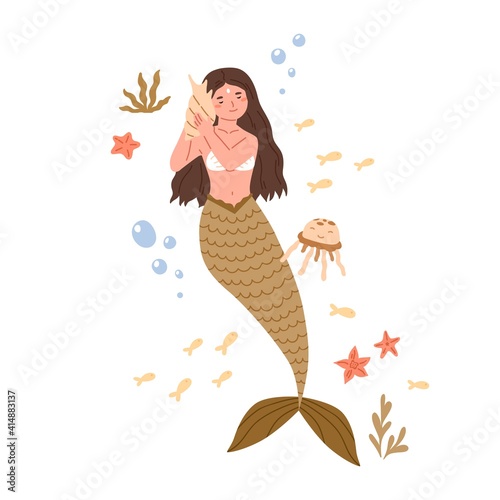 Beautiful mermaid with long hair and fish tail listening to music with seashell. Cute underwater fairy princess in shell bra. Colored flat cartoon vector illustration isolated on white background