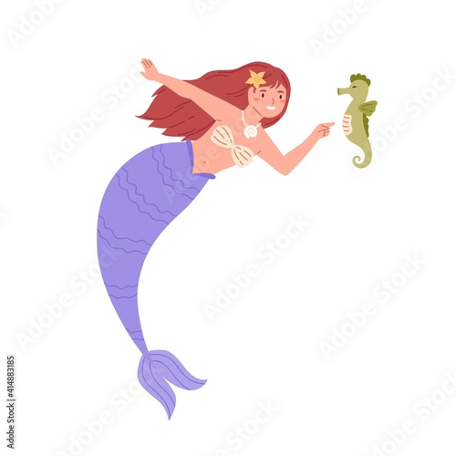 Pretty mermaid with long red hair and fish tail. Cute underwater fairy prince...