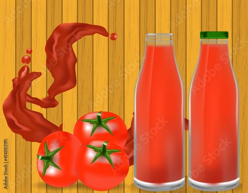 Poster of ketchup in plastic or glass bottle with splashing of shredded tomato