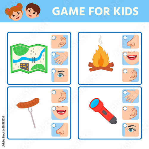 Game for children to develop logic. Five senses illustrations. Sight, hear, smell, taste, touch. Match of sense organs and objects.Activity for pre school years kids and toddlers.
