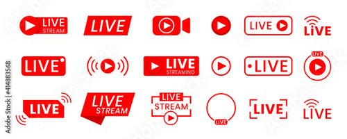 Collection of live streaming icons. Buttons for broadcasting, livestream or online stream. Template for tv, online channel, live breaking news, social media photo