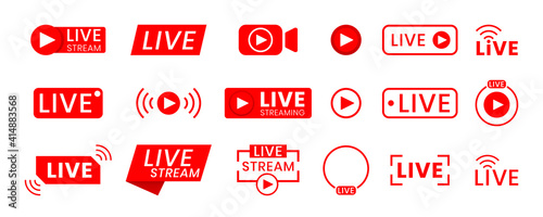 Collection of live streaming icons. Buttons for broadcasting, livestream or online stream. Template for tv, online channel, live breaking news, social media