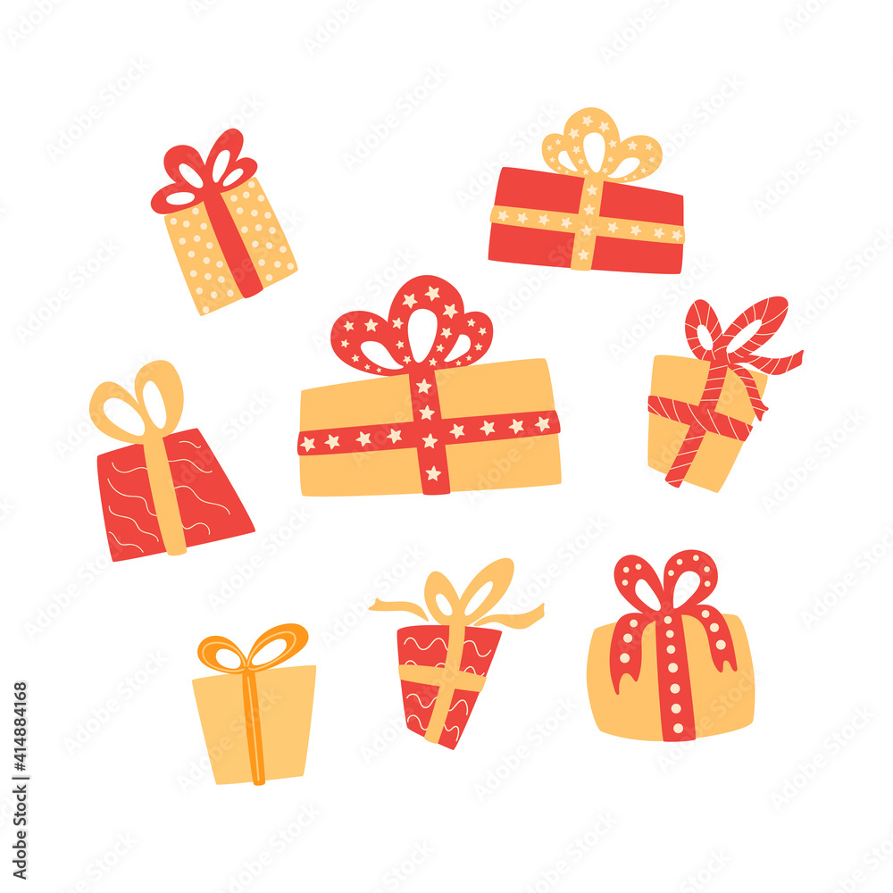 Set of gift boxes in red and yellow colors. Collection of clipart objects for birthday, holiday, Christmas, New Year cards, banners, sale concepts. Vector illustration. Set of gift boxes in red and yellow colors. Collection of clipart objects for birthday, holiday, Christmas, New Year cards, banners, sale concepts. Vector illustration.