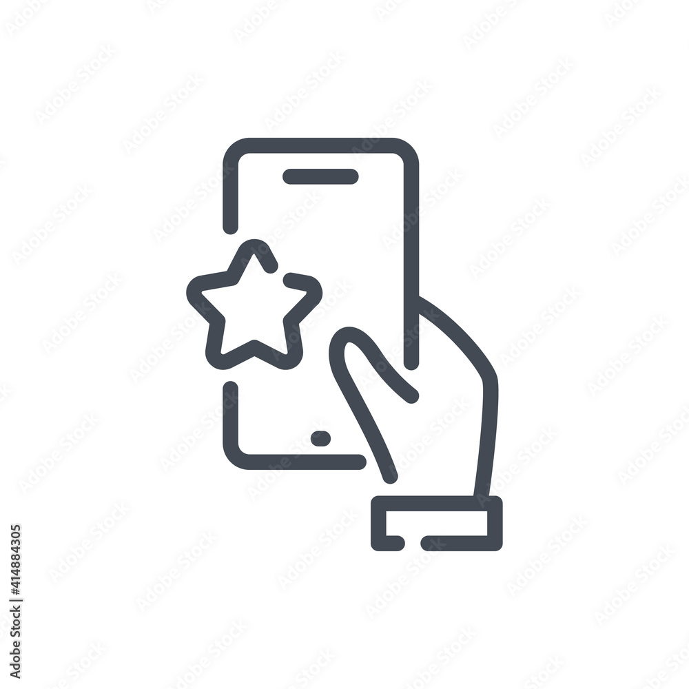 Online feedback and Rating line icon. Mobile phone with hand and star vector outline sign. Online feedback and Rating line icon. Mobile phone with hand and star vector outline sign.
