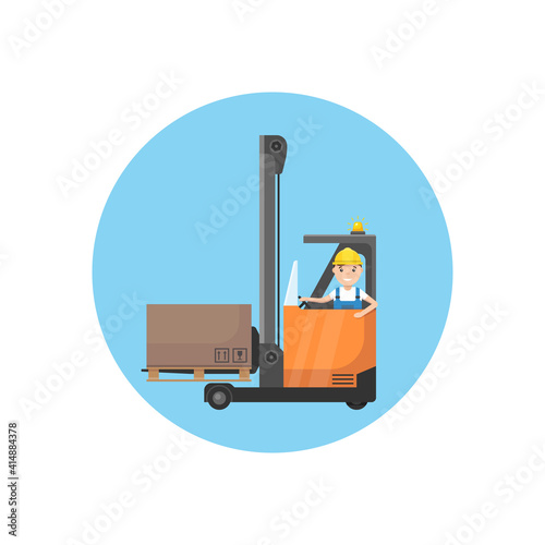 Reach truck forklift driver flat style vector icon