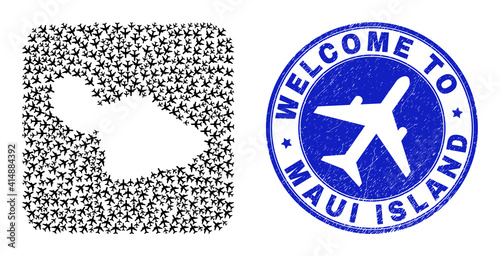 Vector mosaic Maui Island map of tourism elements and grunge Welcome seal. Collage geographic Maui Island map constructed as carved shape from rounded square shape with air shippings.