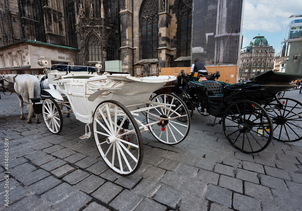 Queue of Beautiful Horse Drawn Carriages in Vienna, Stephansplatz (St. Stephen's Cathedral), Waiting for Tourists