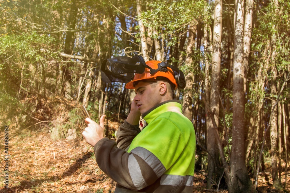 forest worker or lumberjack using mobile phone in forest forest worker or lumberjack using mobile phone in forest