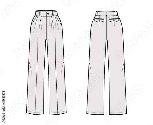 Pants tailored technical fashion illustration with extended normal waist, rise, full length, slant, flap pockets, double pleat, belt loops. Flat template front, back, grey color. Women men CAD mockup