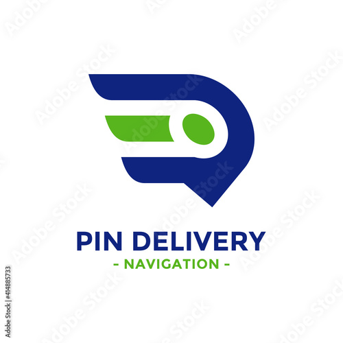 Pin delivery logo design template. Speed symbol with gps map point icon combination. Concept of logistics, express, cargo, freight, moving, shipping, etc.