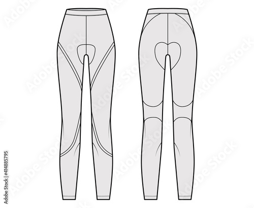 Cycling pants Leggings pants technical fashion illustration with normal waist, high rise, full length. Flat knit, casual trousers apparel template front, back, grey color. Women men unisex CAD mockup
