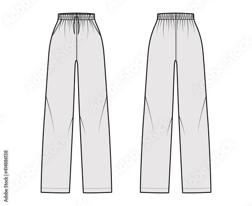 Pajama pants technical fashion illustration with elastic normal waist, high rise, full length, drawstrings, pockets. Flat trousers apparel template front, back, grey color. Women men unisex CAD mockup