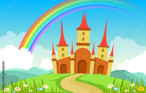 Castle Palace Rainbow in Fairyland Fairy Tales Landscape Illustration