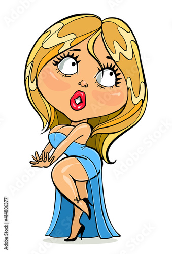 Vector cartoon. Bright colorful illustration - a parody. Funny beautiful sexy blonde girl in evening dress. Isolated object