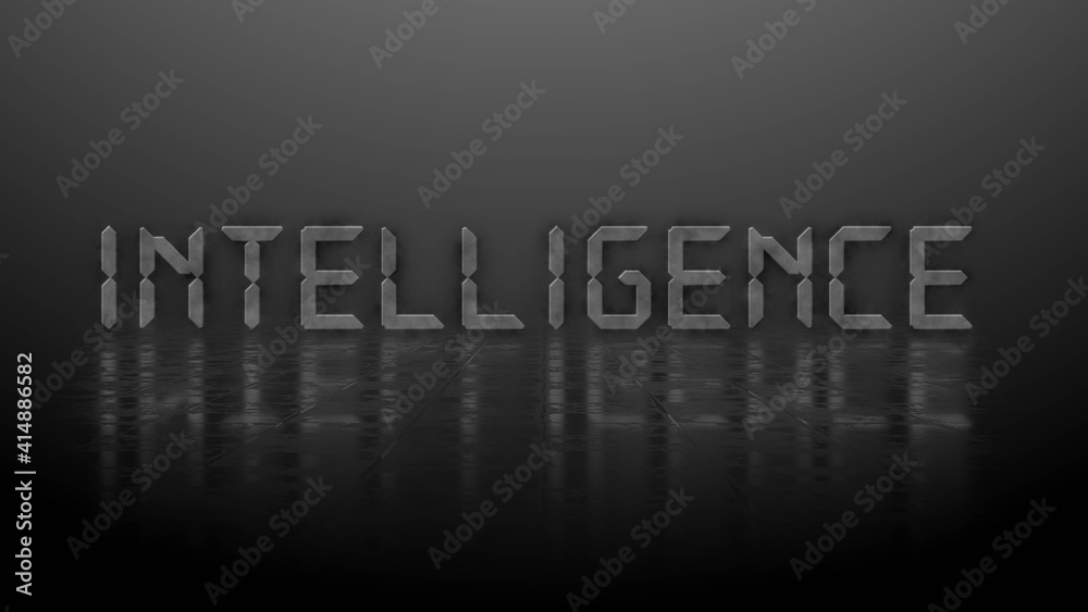 Reflection effects on a structured surface - blurred gray lettering INTELLIGENCE illuminated over the background - 3D Illustration